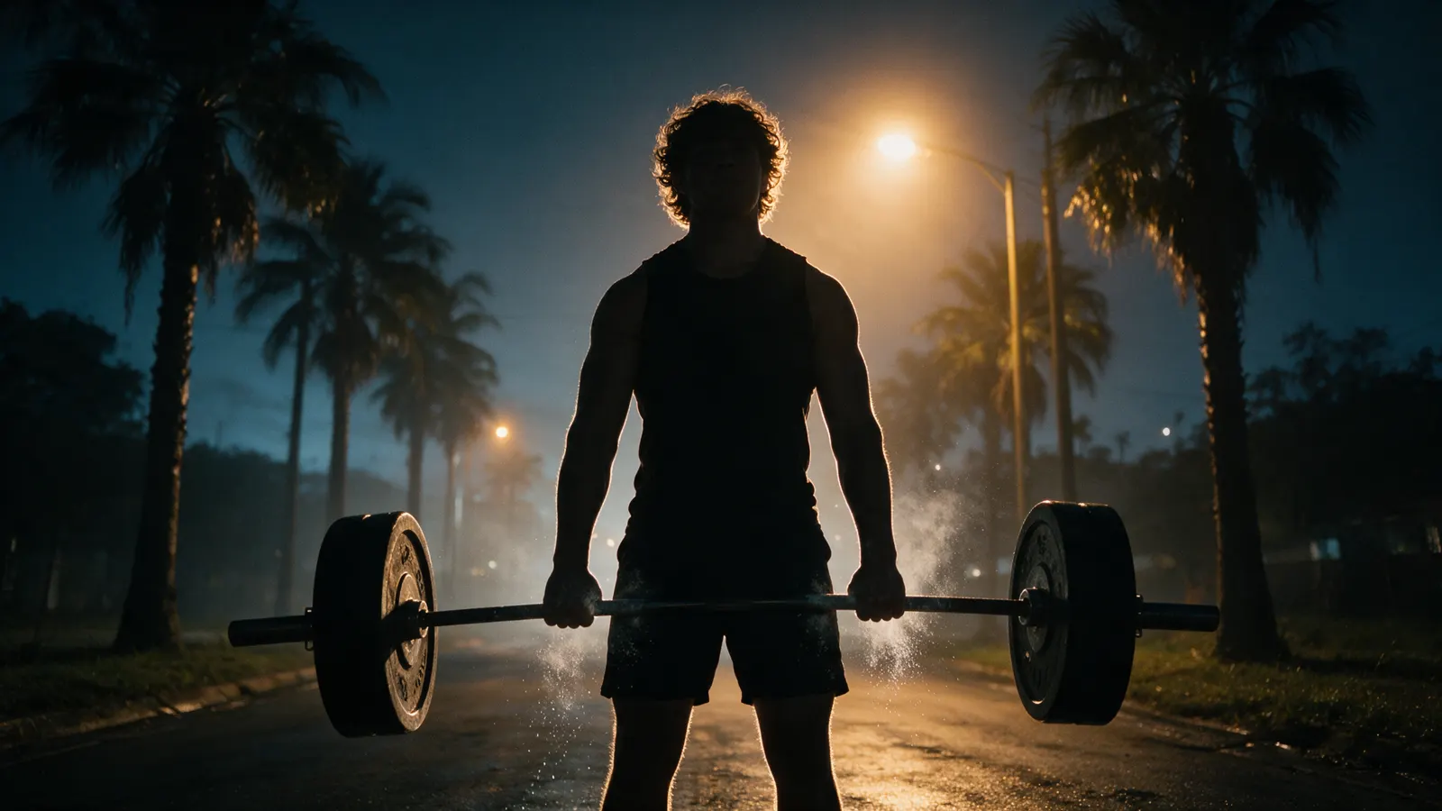 Jaden standing tall with a loaded barbell, backlit by a streetlight