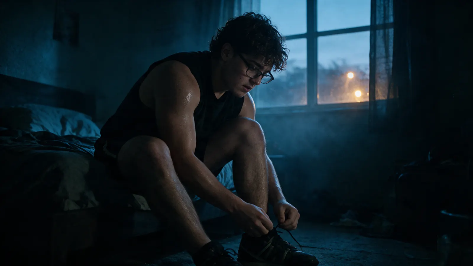 Jaden lacing his shoes in a dark bedroom before dawn