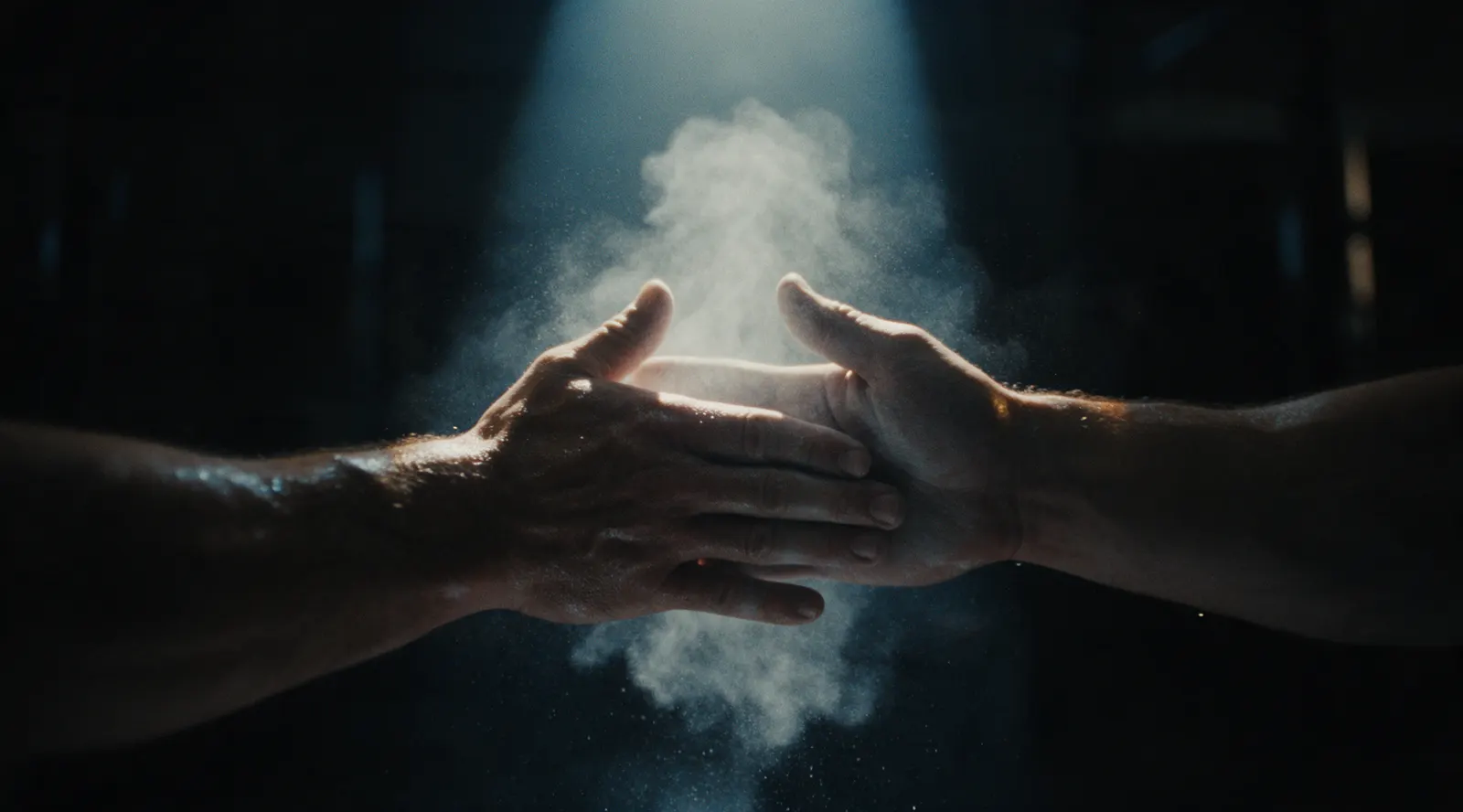 Chalked hands clapping in a beam of light