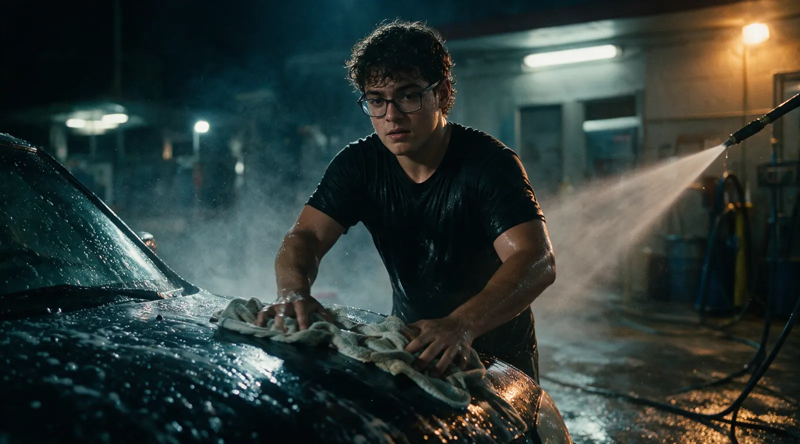 Jaden drying a car on a night shift at a car wash