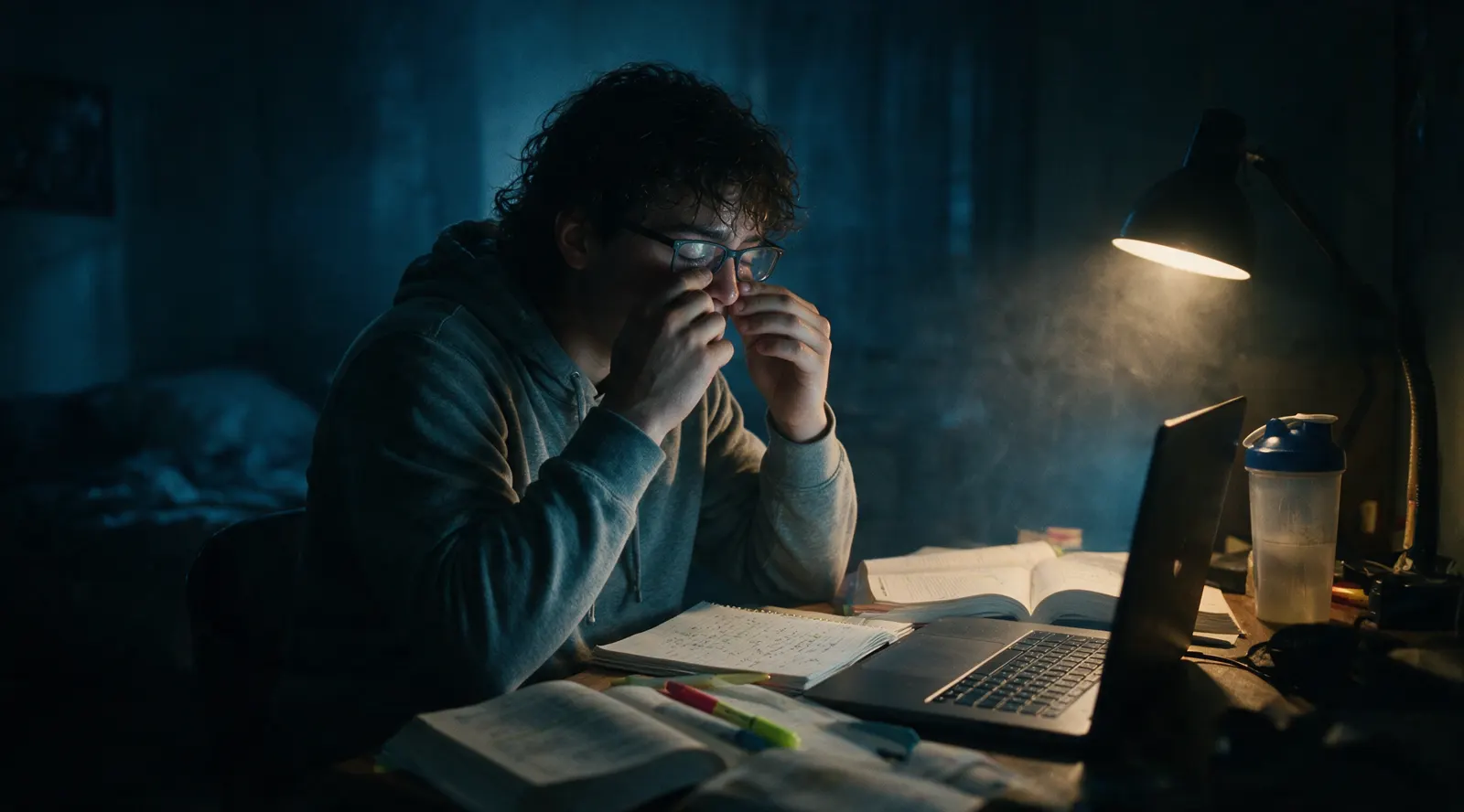 Jaden studying at 2 a.m. by laptop light